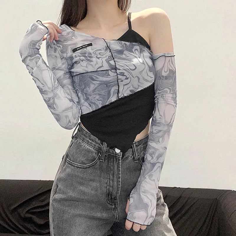 BRAMIRA MARBLED WAVE ASYMMETRY CROP TOP